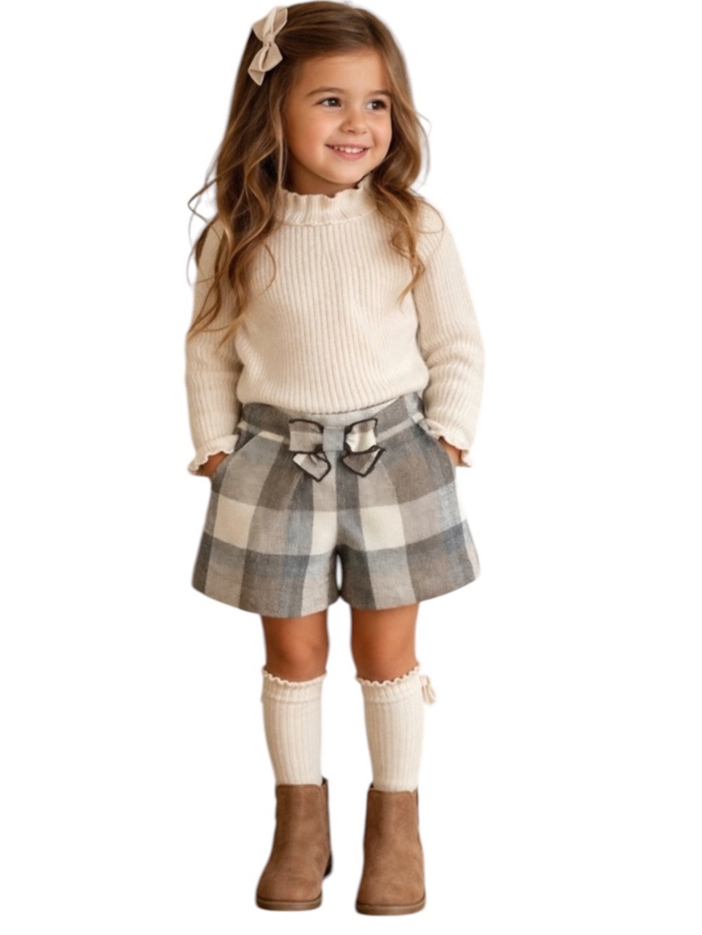Mayoral Girls Plaid Shorts Size 3 Wool Blend Bow Detail Neutral Preppy